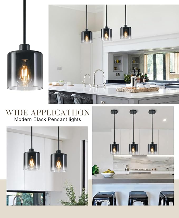 2-Pack Black Pendant Light Fixtures, Modern Pendant Lights for Kitchen Island with Adjustable Rods, Industrial Glass Pendant Lights for Dining Table Hallway Bedroom Living Room
