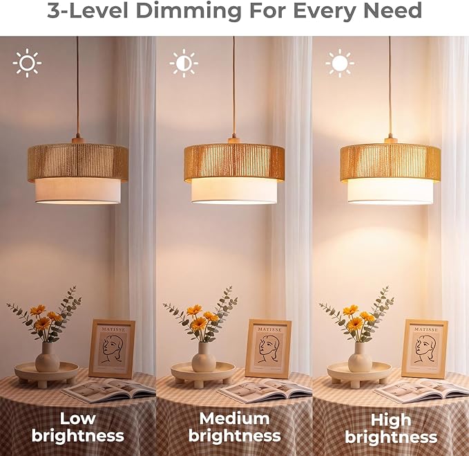 Qingmiao Boho Plug in Pendant Light, Rattan Hanging Lamp Plug in with Woven Shade, 3-Way Dimmable Hanging Light Fixture for Living Room Bedroom Kitchen Ceiling Home Decor
