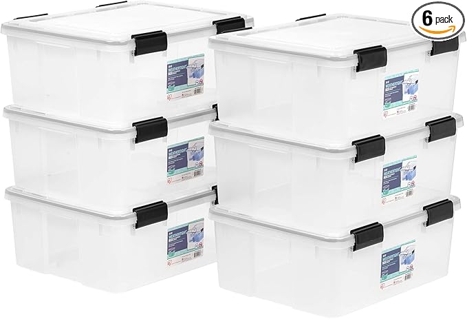 IRIS USA WeatherPro 31 Qt Storage Bins with Lids, 6 Pack, BPA-Free Plastic Gasket Box with Tight Latch and Seal, Stackable Nestable Tote Tub - Clear/Black
