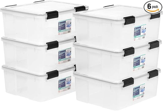 IRIS USA WeatherPro 31 Qt Storage Bins with Lids, 6 Pack, BPA-Free Plastic Gasket Box with Tight Latch and Seal, Stackable Nestable Tote Tub - Clear/Black