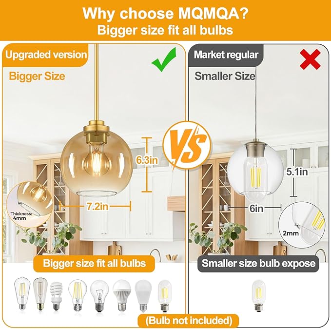 2 Pack 22"-50" Height Adjustable Glass Pendant Lights Kitchen Island, Globe Brushed Gold Pendant Lights with Amber Glass Shade, Mid Century Pendant Light Fixtures Kitchen Pendant Lighting over Island