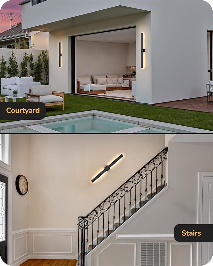 EDISHINE 2 Pack Modern Outdoor Wall Lights Dimmable, 39.3" Linear Led Exterior Wall Light, 3CCT, Iron & PC, IP65 Waterproof, Long Exterior Lighting Fixtures for Front Door, Stair, Black