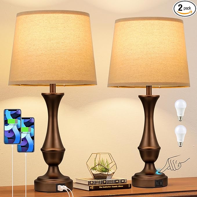 Seealle Upgraded Touch Lamps for Night Stands Set of 2 - Bedside Lamps with USB C+A, 3 Way Dimmable for Bedroom Living Room End Tables Office(Brown)