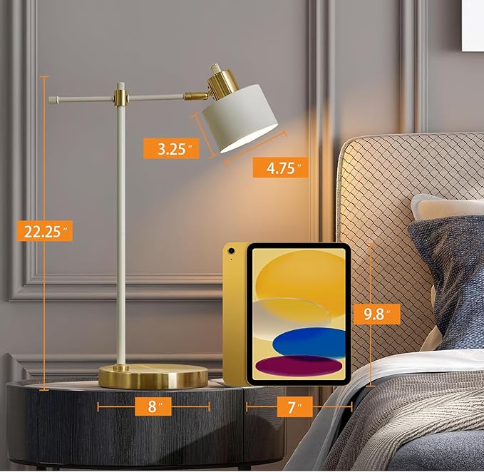 OYEARS 22.2" Modern Desk Lamp, Metal Table Lamp with LED Bulb, Adjustable Reading Lamps for Living Room, Mid Century Task Lamp for Home Office, Industrial Bedside Lamps, Cream and Gold