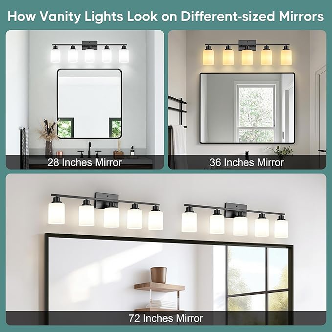 Ascher Bathroom Light Fixtures, 5-Light Vanity Light Over Mirror, Matte Black Wall Sconces with Milky White Frosted Glass Shades, Wall Lamp for Living Room Bedroom, E26 Base(Bulbs Not Included)
