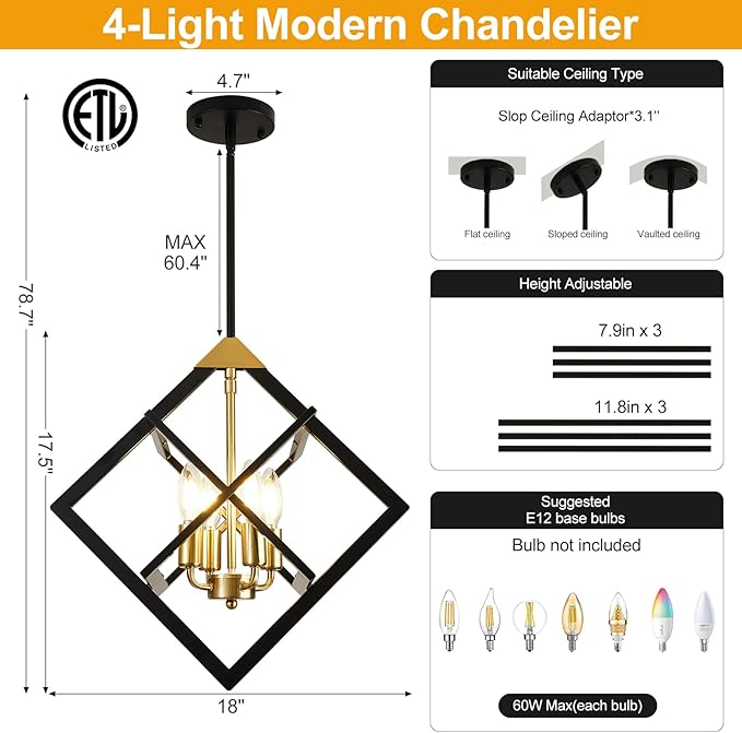 18" Modern Black and Gold Chandelier, No Assembly Required 4-Light Dining Room Light Fixture Over Table, Industrial Metal Hanging Pendant Lights Fixture for Kitchen Island, Entryway, Foyer
