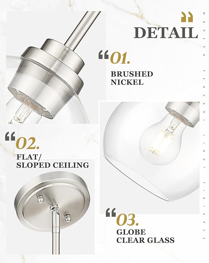 Pendant Lights Kitchen Island, 7" Modern Brushed Nickel Hanging Lights Fixtures with Clear Glass Globe Shade, Kitchen Island Lighting for Bathroom, AD-22280-1P-SN-C
