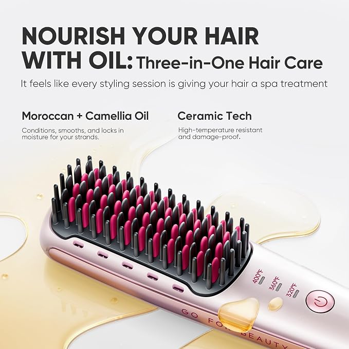 Mini Ionic Hair Straightener Brush, Portable Travel Hair Straightening Comb with 3 Temp Settings, 20s Fast Heating & Anti-Scald, Lightweight Hair Styler for Silky Shine, Rose Gold