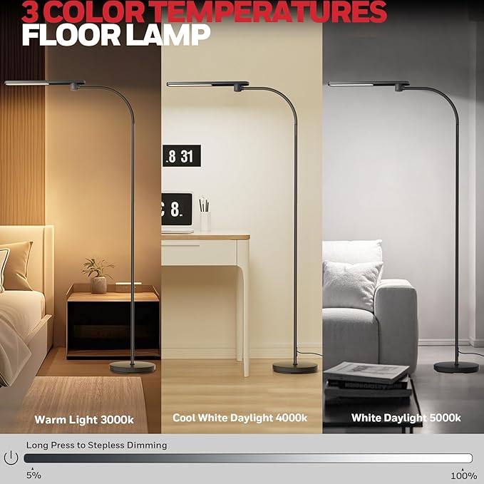 Honeywell LED Floor Lamp for Reading, CRI97 Full Spectrum Gooseneck Floor Lamp, Eye-Caring Dimmable Standing Task Light, 3 Color Temperatures, 77.5" Tall for Living Room, Bedroom, Office