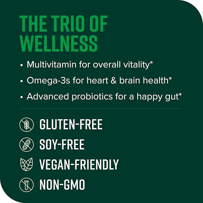 Vibrant Health、Trilogy Vegan、プロバイオティクス入りマルチビタミン（ビーガン藻類オイル由来オメガ-3、ビタミンA、B12、C、D3、E、セレン、マグネシウム、亜鉛の必須ブレンド配合）、30食分