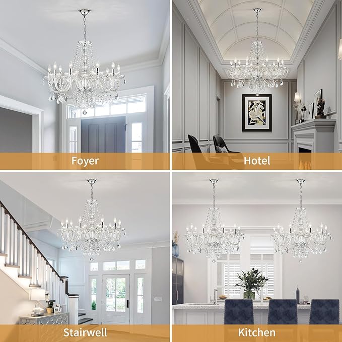 Large Crystal Chandelier, Modern Chrome Crystal Chandeliers for Dining Room Light Fixture, 10-Lights Large Pendant Light Fixtures Luxury Chandelier for Living Room Bedroom Foyer Entryway D26.8''