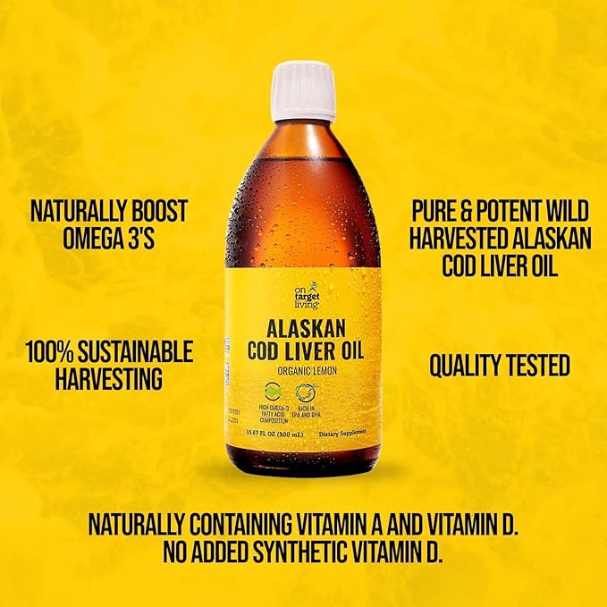 Huile de Foie de Morue Liquide On Target Living Alaskan | Saveur Citron Bio 493 ml | Pêche à la Ligne aux États-Unis | Vitamine D Naturelle | Riche en Oméga 3 DHA/EPA | Certifié Projet Sans OGM