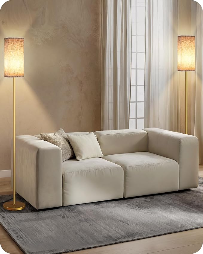 2Pack 64.2” Dimmable Floor Lamp for Living Room with Remote & Foot Switch, Corner Floor Lamp for Bedroom, Includes A19 Bulb, Modern Standing Tall Lamp, ETL Listed Beige and Gold DE17LDP205