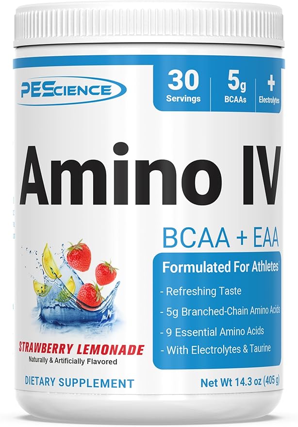 PEScience Amino IV BCAA & EAA Powder, Essential Amino Acids, Taurine, Electrolytes for Hydration and Muscle Recovery, Sugar Free for Men & Women, Post Workout - Strawberry Lemonade, 30 Servings