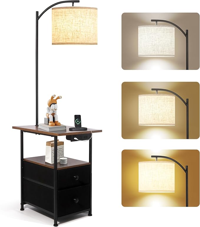 PESRAE Floor Lamp with Table & 2 Drawers, End Table with 3 Color Temperature Reading Light, Side Table Lamp with USB & Type C & AC Charging Port for Living Room, Bedroom