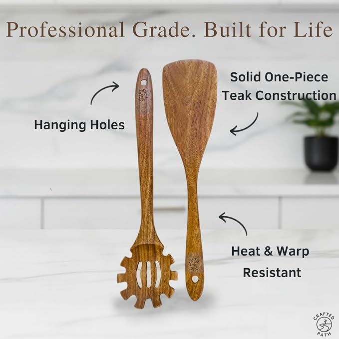 Teak Wooden Utensil Set (9-Piece) – Teak Cooking Utensils for Nonstick Cookware, Teak Wooden Spoons for Cooking & Spatula - Natural Wood Kitchen Utensils by Crafted Path