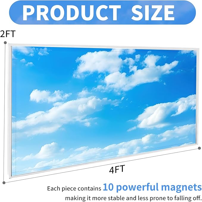 Torixqi 8 Pcs Fluorescent Light Covers for Ceiling Lights Classroom, Magnetic Light Filters, Fluorescent Light Diffuser Covers for Office, Hospitals, Home 4 x 2 Feet (Blue sky and white clouds)