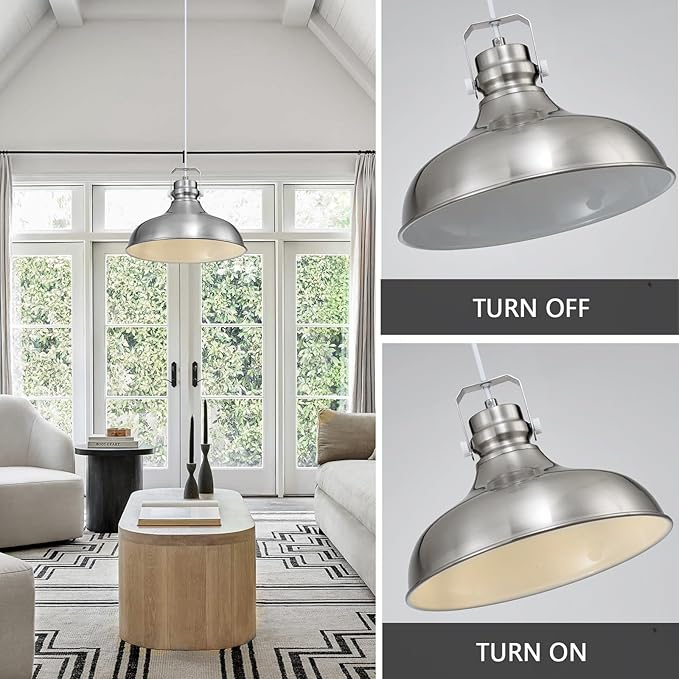 Brushed Nickel Farmhouse Pendant Lights Matte Pendant Lighting for Kitchen Island Industrial Adjustable Height Vintage Dome Hanging Light Fixtures for Barn, Dining Room 1 Pack