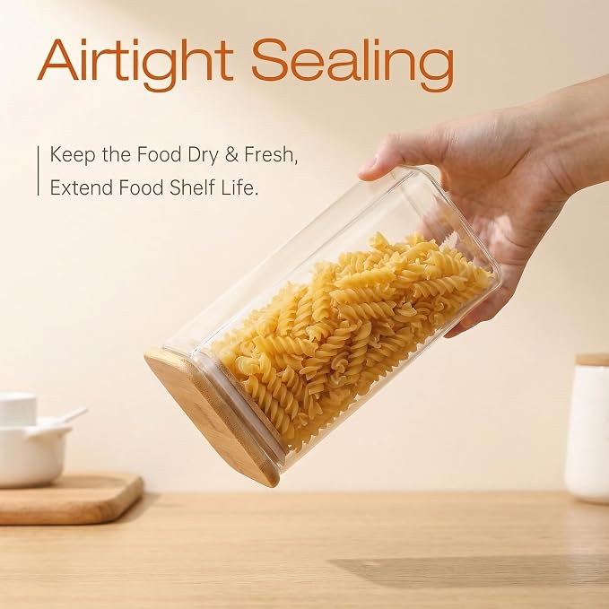 Large Glass Storage Containers 168oz&84oz, Pantry Jars with Bamboo Lids-2P | Square Borosilicate Glass Jar with Airtight Lid Keep Flour, Sugar & Rice Fresh, Fits 5lb Bag, BPA-Free for Pantry Organizer