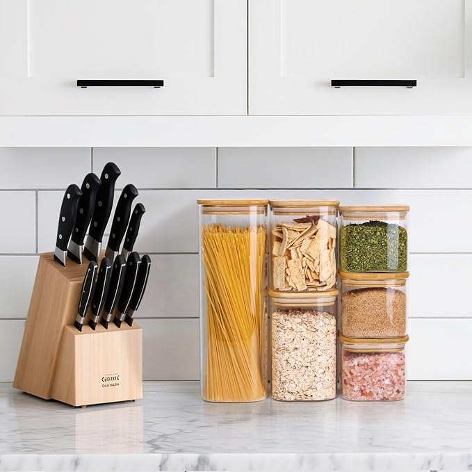 ComSaf Glass Spaghetti Pasta Storage Containers with Lids 2.2 Qt Set of 3, Tall Clear Airtight Food Storage Jar with Lid for Noodles Flour Oat Cereal Sugar Beans, Square Spaghetti Pantry Containers