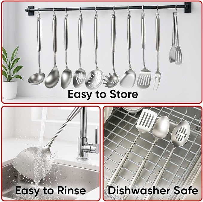 Newness 11 Pcs Cooking Utensils Set, 304 Stainless Steel Kitchen Utensils Set, Metal Kitchen Accessories, Include Soup Ladle, Slotted Skimmer Spoon, Spaghetti Spoon and Spatula, Dishwasher Safe