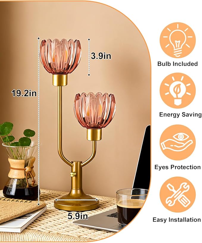 Lightdot Flower Table Lamp Dimmable Nightstand Lamp Mid Century Modern Red Glass Vintage Gold Desk Lamp 2 Bulbs Included Warmwhite Ambient Bedside Lamps for Living Room Bedroom Home Office Decor Gift