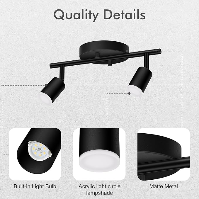 AUQUEE 2 Light Track Lighting Fixtures Ceiling, 8W/2700K Black Track Lighting with Acrylic Lampshade & Rotatable Light Heads, 20000hrs Lifespan, Modern LED Track Lights Ceiling for Kitchen/Hallyway