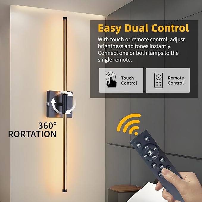 15800 mAh Battery Operated Wall Sconces with Remote Control Dimmable Wall Sconces Set of Two 3000K LED Brass Gold and Black Wireless Wall Light Battery Powered Cordless Rechargeable Sconces Decor