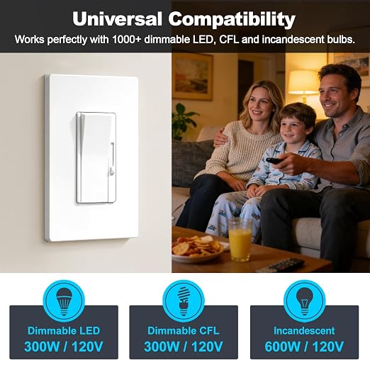 BESTTEN 12 Pack Super Slim Dimmer Light Switch, Single Pole or 3 Way Dimmable Switch, Quiet Rocker, Max 300W LED, CFL, 600W Incandescent, Screwless Wall Plate Included, ETL Listed, White