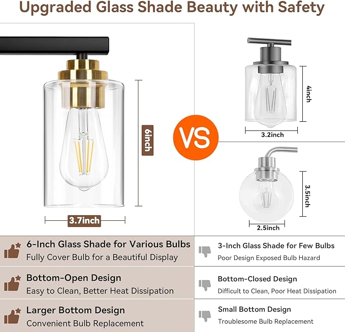 4-Light Bathroom Light Fixtures, 27" Modern Vanity Lights Over Mirror with Clear Glass Shades, Black & Gold Wall Sconce, Classic Wall Light Fixture for Mirror Living Room Cabinet Bedroom Porch Kitchen