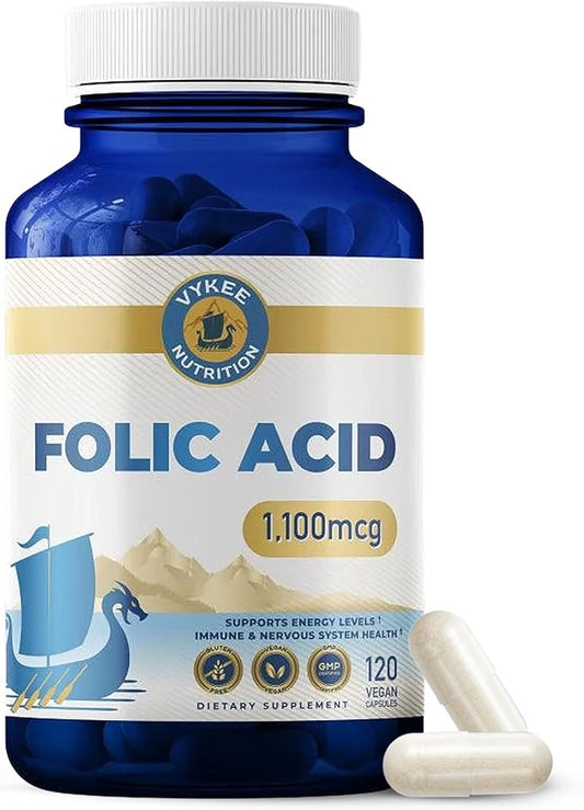 Vykee Nutrition Gélules d'acide folique - Soutient les processus corporels, la santé prénatale et l'énergie - Complément de vitamine B9 pour femmes - Végétalien, sans OGM, sans gluten - 1100 mcg, 120 capsules