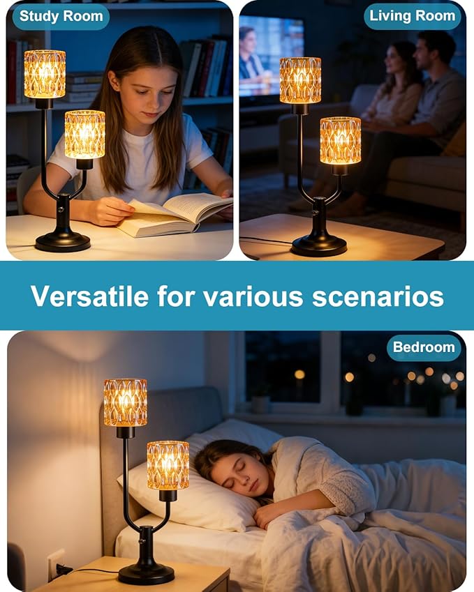 Lightdot Vintage Table Lamp for Bedroom Dimmable Nightstand Lamp Mid Century Modern Amber Glass Black Desk Lamp 2 Bulbs Included Warmwhite Ambient Bedside Lamps for Living Room Home Office Decor Gift