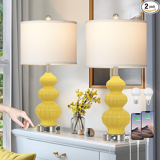 Cinyirong 26" Set of 2 Yellow Ceramic Table Lamps with USB A+C Ports & AC Outlet, 3-Way Dimmable Gourd Bedside Nightstand Lamps with White Shade for Bedroom, Living Room, Office