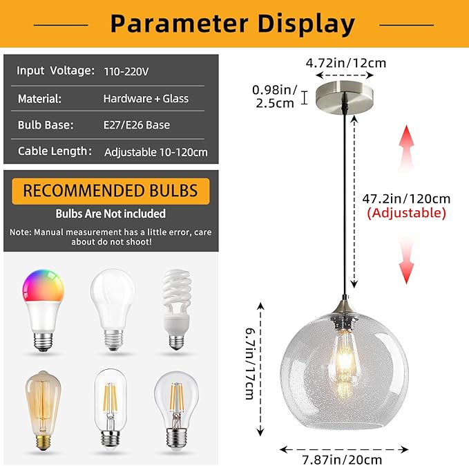 Modern 2-Pack Glass Globe Pendant Lights, Clear Modern Pendant Lighting for Kitchen Island, Clear Glass Hanging Lamps for Dining Room Living Room Bedroom, Medium 7.87 Inch Fixture (Bulbs Not Included)