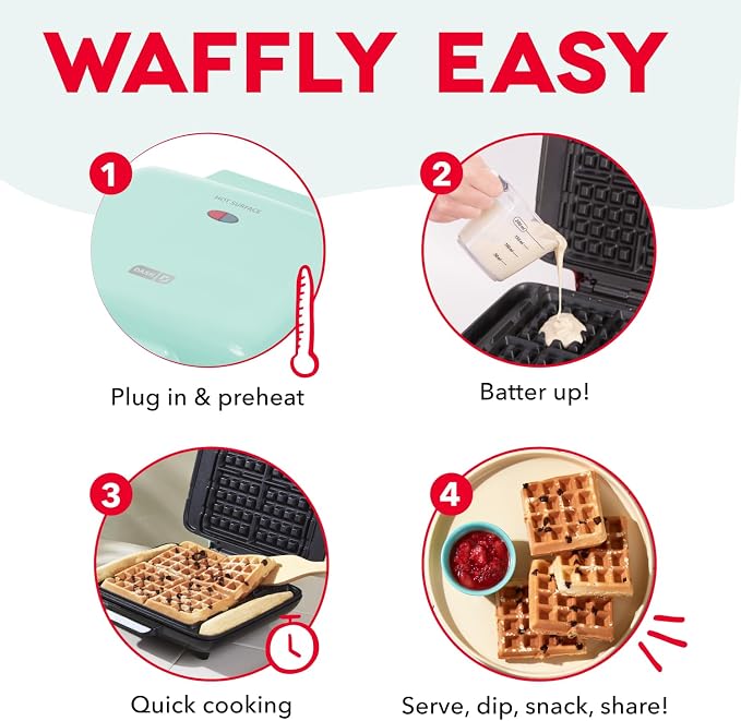 DASH No-Drip Waffle Maker: Waffle Iron 1200W + Waffle Maker Machine For Waffles, Hash Browns, or Any Breakfast, Lunch, & Snacks with Easy Clean, Non-Stick + Mess Free Sides - Aqua