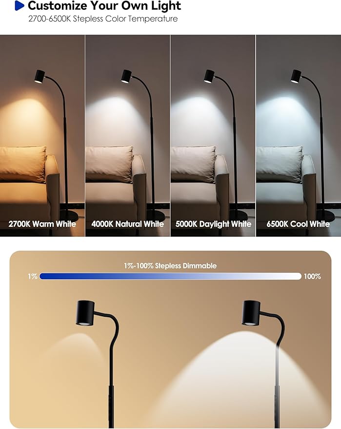Reading Floor Lamp, 62" Tall LED Floor Lamp, Dimmable Standing Lamp, 7 Brightness & 4 Color Temperature, Adjustable Gooseneck, Touch Control, Task Craft Light for Living Room Bedroom Office,Black