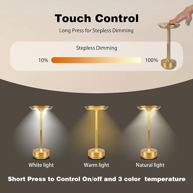 Rechargeable Cordless Table Lamp Set of 2, Portable Battery Operated LED Table Light, 3 Color Stepless Dimming with Touch Sensor & Memory Function for Outdoor Camping Patio café Restaurant Bars, Gold