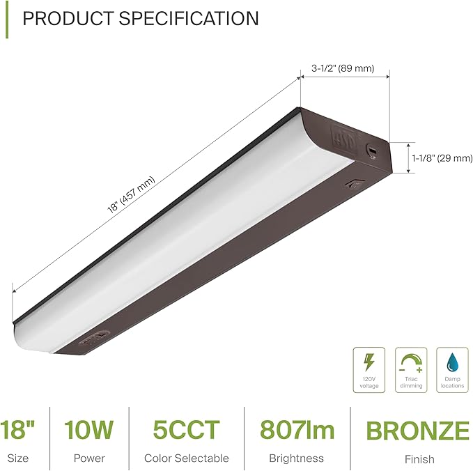 ASD LED Under Cabinet Lighting Hardwired, 18 Inch 10W 2700K-5000K Selectable, 807LM, CRI90+, Direct Wire Linkable Under Counter Lights for Kitchen, Dimmable Under Cabinet Lights, Bronze, UL, 20 Pack