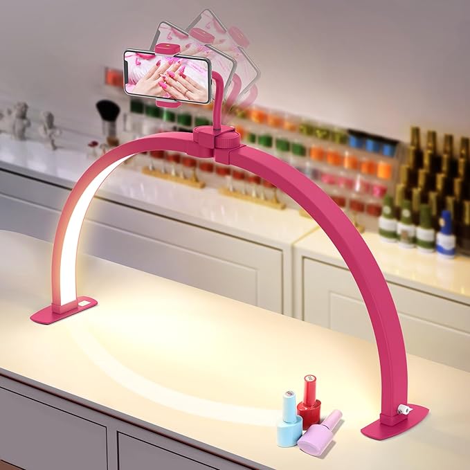 Yokilly Half Moon Light for Nail Desk: 29" Foldable Half Moon Desk Lamp with Phone Holder for Beginner - Arch Nail Tech Light with 3 Color Modes & 10 Brightness for Manicure Salon (Rose Red, Large)