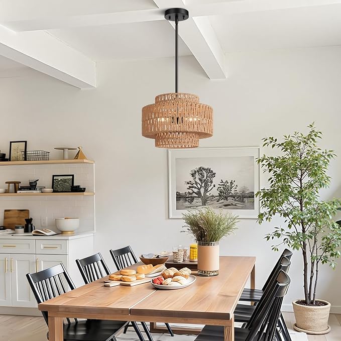 6"-41" Height Adjustable Farmhouse Chandelier Light Fixture, 3-Light Rattan Boho Chandeliers for Dining Room, Hand Woven Pendant Light with Linen Shade, Rustic Hanging Lighting for Kitchen Island
