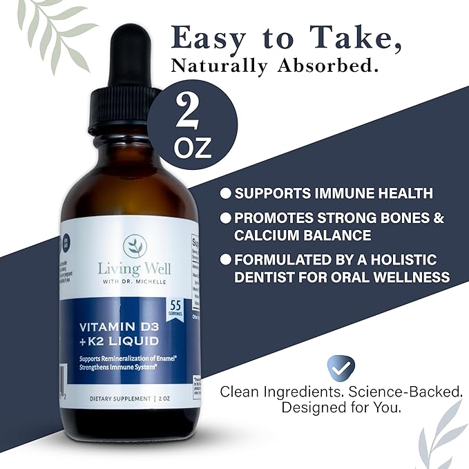 Vitamine D3 liquide 2000 UI avec K2 + K1 – Supplément de soutien immunitaire et osseux – Développé par des dentistes pour des dents et des os solides et une meilleure absorption du calcium – Sans OGM, sans gluten, sans soja – Goût agréable – 60 ml
