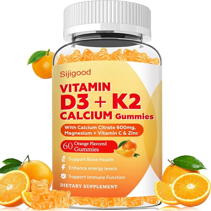 Gummies Vitamine D3 K2 avec D3 10000 UI et K2 200 MCG, Supplément 6 en 1 de Vitamine D avec Magnésium, Zinc et Calcium pour le Soutien des Os, de l'Immunité et de l'Énergie, Sans Sucre, Saveur Orange, 60 Unités