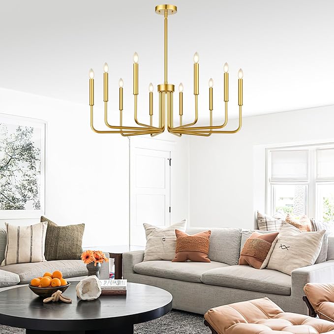 Lynnoland Gold 10-Light Farmhouse Chandelier for Dining Room Lighting Fixtures Hanging, Vintage Candle Pendant Light Fixtures Chandelier for Bedroom, Foyer and Living Room