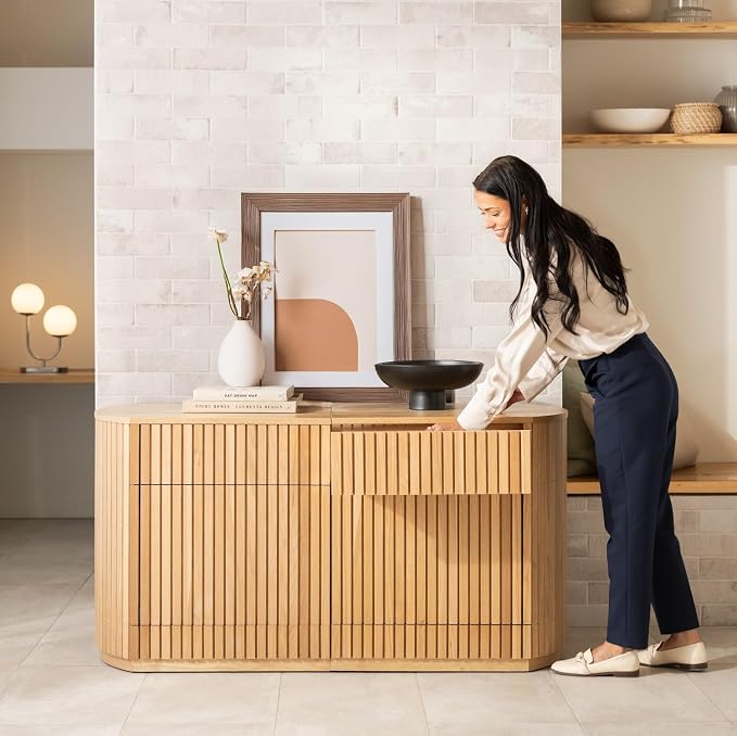 Transformer Table Round Sideboard Buffet Cabinet, Natural | Hidden Drawers, Wood Storage Cabinet, Solid Wood, Integrated Table Panel Storage