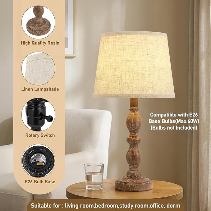 GyroVu 20.5" Table Lamps for Nightstand Set of 2, Farmhouse Lamps for Bedroom, Small Desk Lamps for Living Room, Linen Shades, Knob Switch, Bedside Lamps for Reading, Office (Dark Brown)