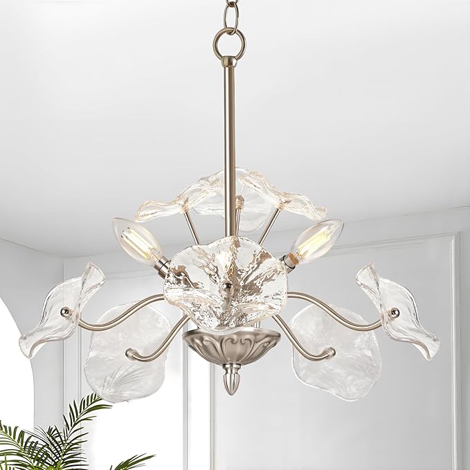 Luvkczc Modern Brushed Nickel Chandelier,Vintage Flower Glass Pendant Light Fixture,Mid Century Ceiling Light Fixture for Dining Room, Kitchen, Living Room, Bedroom Hallway Porch,3 Lights