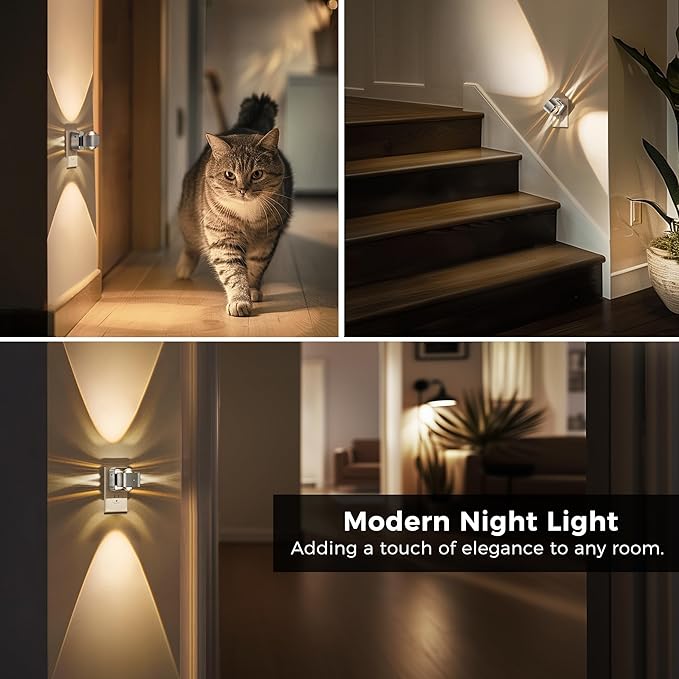 L LOHAS LED Night Light Projector, Night Lights Plug into Wall, Dusk to Dawn Sensor, Silver Rotating Nightlight for Kids, Soft White Ambient Lighting for Bathroom, Gaming Room,1 Pack
