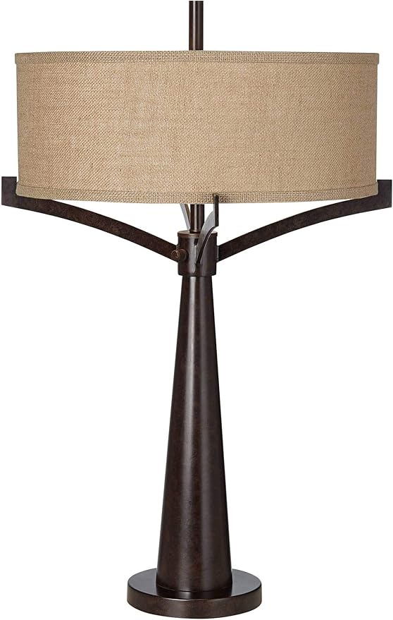 Franklin Iron Works Tremont Mid Century Modern Industrial Table Lamps 31.5" Tall Set of 2 Rich Bronze Iron Burlap Fabric Drum Shade for Living Room Bedroom House Bedside Nightstand Home Office
