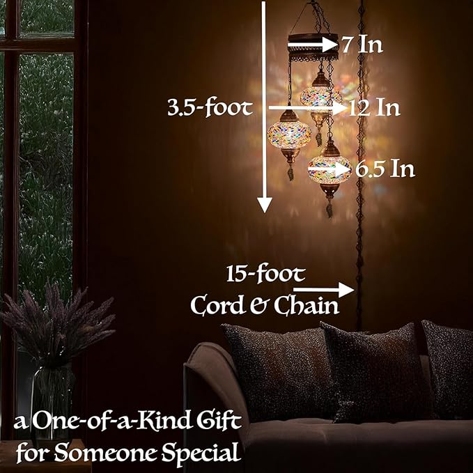 DEMMEX Plug-in Turkish Hanging Lamp, Handmade Moroccan Mosaic Chandelier Pendant Light Fixture with 15-ft Cord & Chain, Decorative Ceiling Lamp for Living Room, Bedroom, 3 Large 7'' Globes, 3.5 ft.