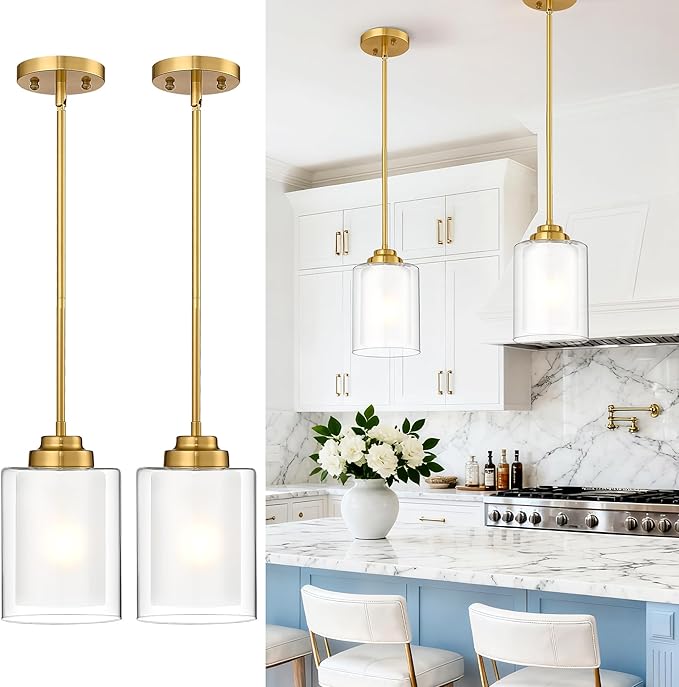 TENGXIN Modern Pendant Light,6-in Brushed Gold Modern Pendant Light for Kitchen Island,Hanging Ceiling Light Fixture,Farmhouse Pendant Lighting for Dining Room Bedroom Bar Office 2Pack,TXPLBG02-2PK-L